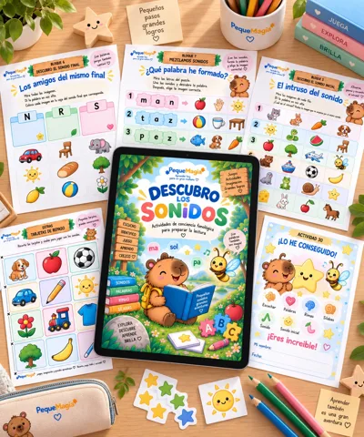 Cuaderno de actividades Descubro los Sonidos con fichas de conciencia fonológica - PequeMagia