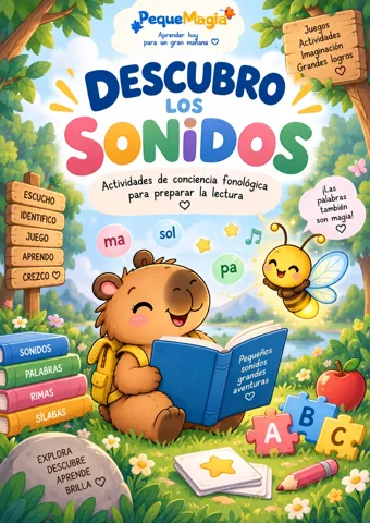 Descubro los Sonidos - portada del cuaderno de conciencia fonológica PequeMagia