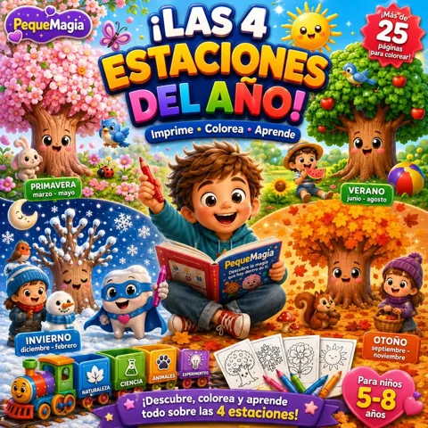 Libro de colorear Las 4 Estaciones del Año - Libro para Colorear Educativo Infantil (PDF Imprimible)