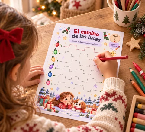 Niña haciendo trazos navideños en la ficha El camino de las luces del cuaderno de grafomotricidad de Navidad para imprimir
