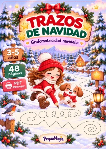 Portada del cuaderno de grafomotricidad de Navidad Trazos de Navidad para niños de 3 a 5 años, PDF imprimible con trazos, ondas y caminos navideños