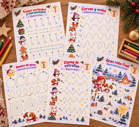 Fichas de Navidad para niños de 3 a 5 años: trazos verticales y horizontales, curvas y ondas, repaso de giros, zigzag de estrellas y gran reto final