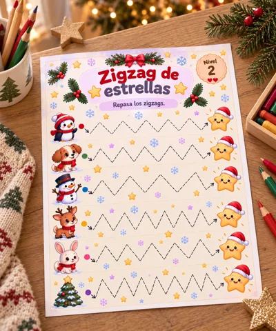 Ficha de grafomotricidad de Navidad con zigzag de estrellas, renos, muñecos de nieve y pingüinos para repasar con lápiz, nivel 2