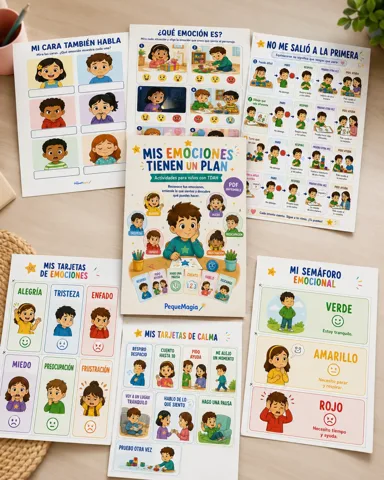 Colección de páginas y tarjetas del cuaderno educativo Mis Emociones Tienen un Plan para niños con TDAH, PequeMagia