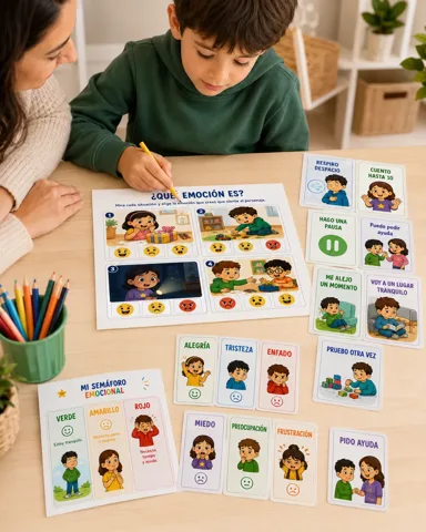 Niño con TDAH haciendo la actividad ¿Qué emoción es? junto a un adulto, con tarjetas de calma y el semáforo emocional - Mis Emociones Tienen un Plan