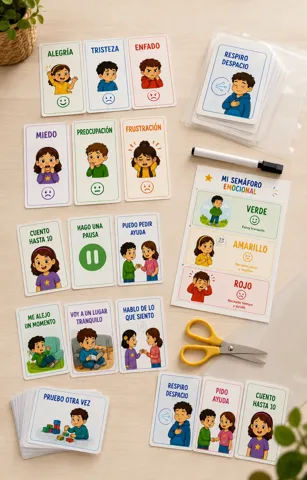 Tarjetas de emociones y de calma recortadas y plastificadas del cuaderno Mis Emociones Tienen un Plan, PequeMagia