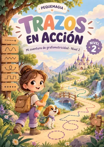 Portada del cuaderno de grafomotricidad Trazos en Acción nivel 2 para niños de 4 y 5 años, PDF imprimible