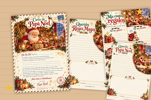 Carta a Papá Noel, carta a los Reyes Magos, respuesta de Papá Noel y hoja Mis cuatro regalos para imprimir en A4, PDF gratis - PequeMagia