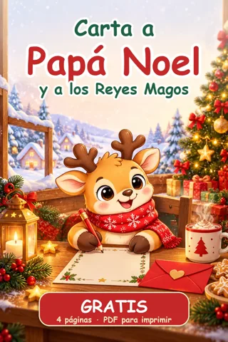 Portada: carta a Papá Noel y a los Reyes Magos para imprimir gratis en PDF, con un reno escribiendo su carta - PequeMagia