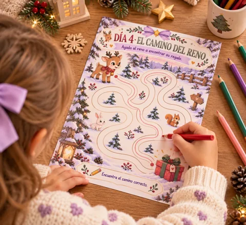 Niña haciendo el laberinto del reno, actividad del Día 4 del calendario de adviento infantil 24 Días de Magia