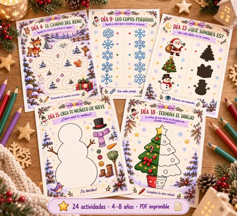 Actividades de Navidad para niños imprimibles: laberinto, copos, sombras, muñeco de nieve y dibujo simétrico del calendario de adviento