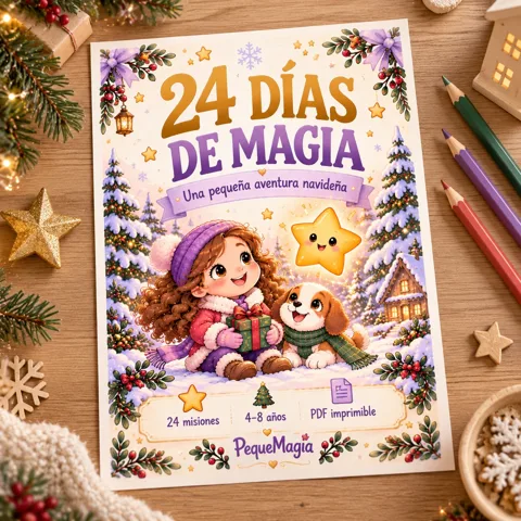 Calendario de adviento infantil para imprimir 24 Días de Magia sobre una mesa con lápices de colores y adornos de Navidad