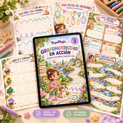 Fichas de grafomotricidad para imprimir con patrones de curvas, ondas, zigzags y bucles para niños de 4-5 años
