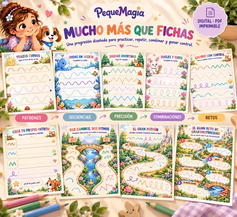 Progresión de grafomotricidad en 5 pasos: patrones, secuencias, precisión, combinaciones y retos para niños de 4-5 años