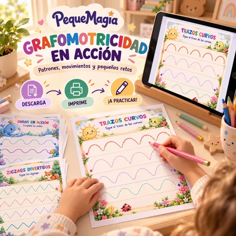 Niña practicando grafomotricidad con una ficha imprimible de trazos curvos: descarga, imprime y practica