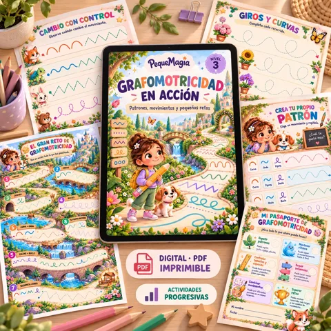 Portada del cuaderno de grafomotricidad nivel 3 para niños de 4-5 años, Grafomotricidad en Acción: patrones, movimientos y pequeños retos, PDF imprimible