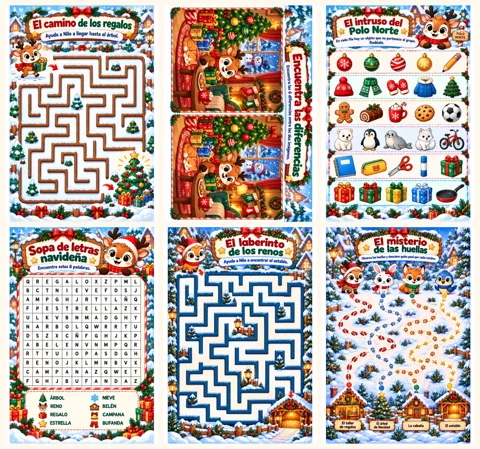 Pasatiempos de Navidad para niños: laberintos, sopa de letras navideña, encuentra las diferencias y el intruso del Polo Norte