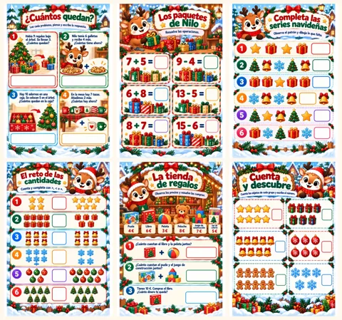 Matemáticas de Navidad para primaria: sumas y restas, problemas navideños, series, cantidades y la tienda de regalos