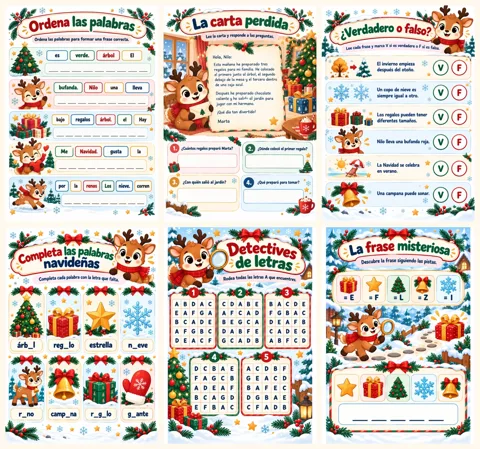 Actividades de lengua y lectoescritura de Navidad para primaria: ordena las palabras, carta perdida, verdadero o falso y completa las palabras
