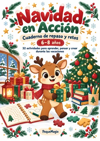 Portada del cuaderno Navidad en Acción: cuaderno de Navidad para primaria de 6 a 8 años con el reno Nilo, regalos y árbol de Navidad