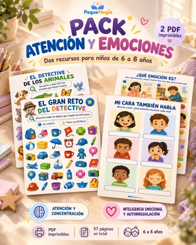 Fichas del Pack Atención y Emociones: El gran reto del detective, El detective de los animales, ¿Qué emoción es? y Mi cara también habla, PDF imprimibles para niños de 6 a 8 años