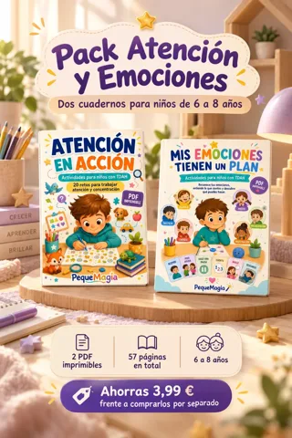 Pack Atención y Emociones de PequeMagia: Atención en Acción y Mis Emociones Tienen un Plan, dos cuadernos PDF imprimibles para niños de 6 a 8 años con 57 páginas y 3,99 € de ahorro