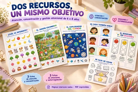 Qué incluye el Pack Atención y Emociones: 3 fichas de atención y concentración y 3 de emociones y autorregulación, como El jardín escondido, El semáforo de mis emociones y Mi caja de calma, para niños de 6 a 8 años