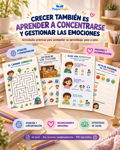 Fichas del Pack Atención y Emociones: El camino correcto, La caja de los tesoros, Elige una estrategia y Mi plan personal de emociones, atención, reconocimiento emocional y estrategias de calma
