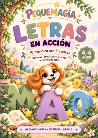 Portada del cuaderno Letras en Acción de PequeMagia para aprender las letras, niños de 4 a 6 años, con el perrito sobre la letra A