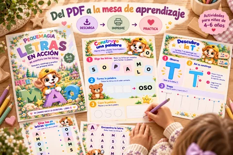 Fichas de letras mayúsculas para imprimir en PDF: construyo una palabra y descubro la letra T, actividades para niños de 4 a 6 años