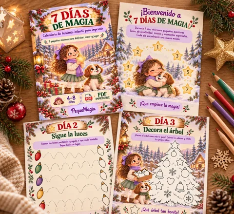 Calendario de adviento infantil para imprimir: portada, bienvenida, día 2 sigue las luces y día 3 decora el árbol de Navidad