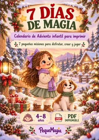 Portada del calendario de adviento infantil para imprimir 7 Días de Magia: niña y su perro con una estrella en un paisaje nevado, PDF gratis para niños de 4 a 8 años