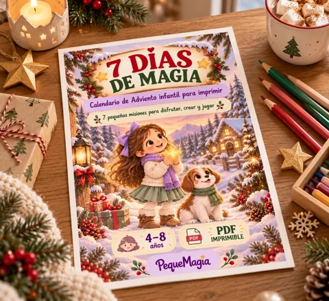 Calendario de adviento para colorear e imprimir gratis en PDF: portada 7 Días de Magia sobre una mesa de Navidad con lápices de colores