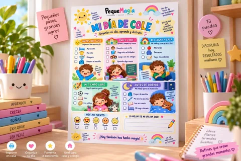 Mi día de cole - organizador de rutina diaria imprimible para niños PequeMagia
