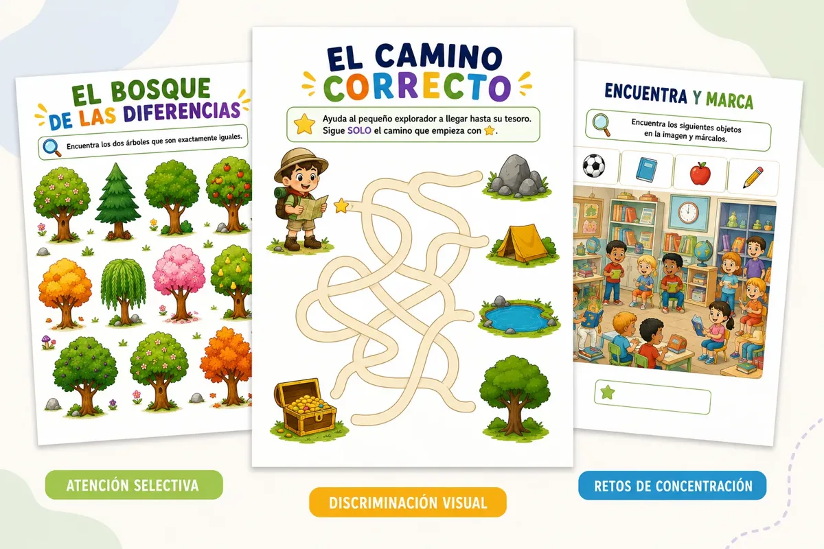 Actividades para niños con TDAH en PDF imprimible para trabajar la atención y concentración mediante juegos visuales