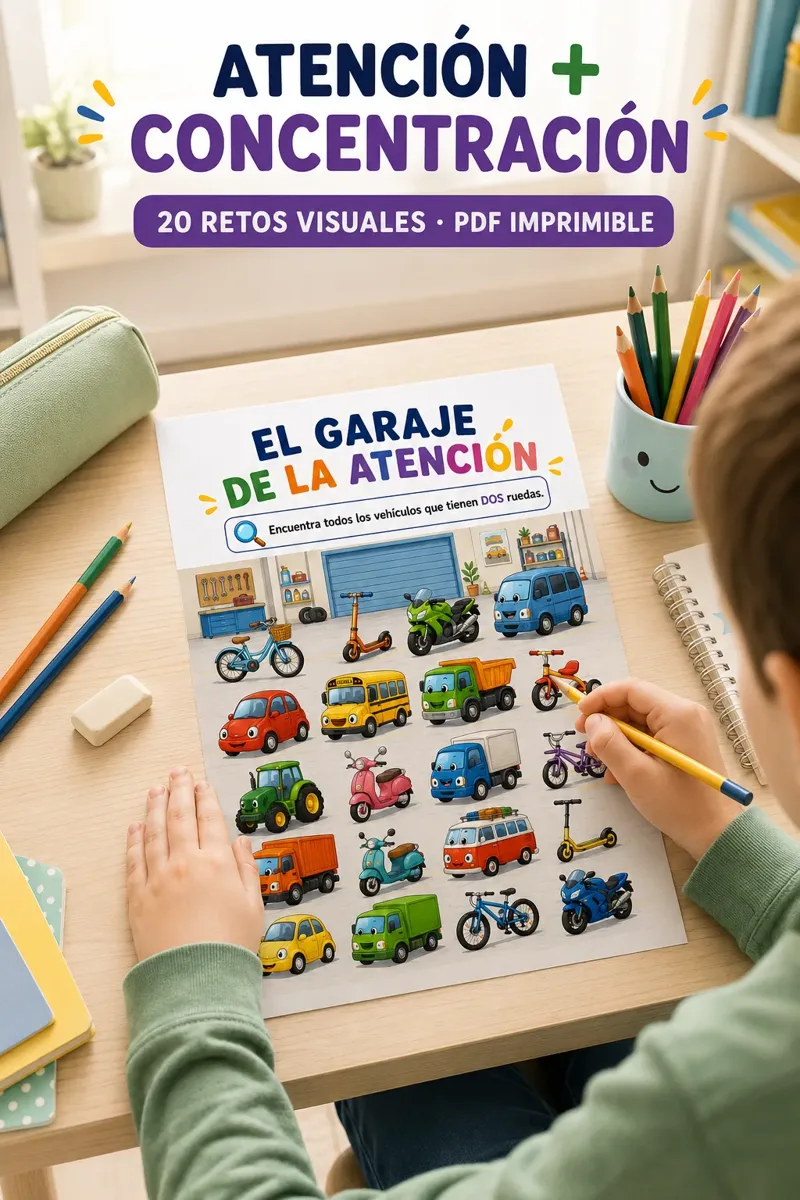 Niño realizando actividades de atención y concentración para TDAH en un PDF imprimible educativo