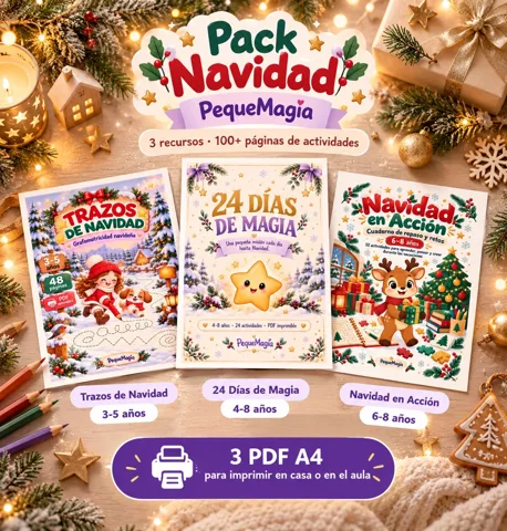 Pack Navidad de PequeMagia: Trazos de Navidad, 24 Días de Magia y Navidad en Acción, tres PDF de actividades de Navidad para niños de 3 a 8 años impresos como hojas A4