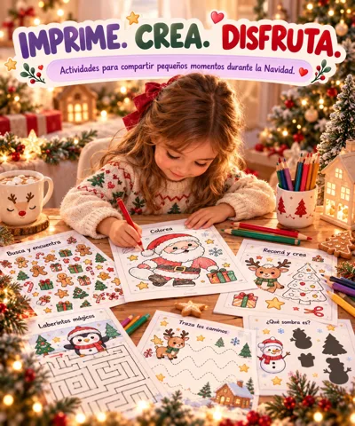Niña haciendo actividades de Navidad impresas en hojas A4: colorear, buscar y encontrar, laberintos, trazos y sombras
