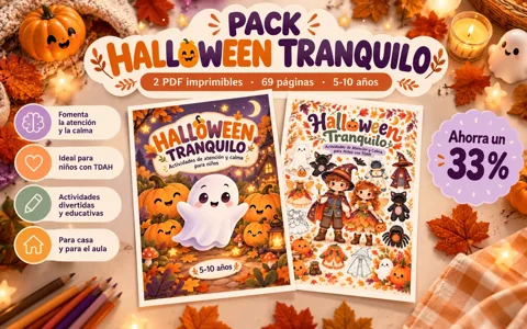 Portada de Pack Halloween Tranquilo - Cuaderno de Calma + Muñecos de Vestir (2 PDF, 69 Páginas)