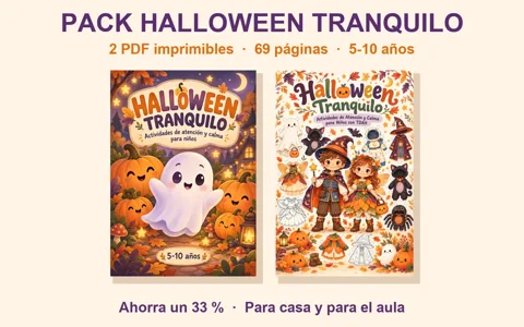 Libro de colorear Pack Halloween Tranquilo - Cuaderno de Calma + Muñecos de Vestir (2 PDF, 69 Páginas)