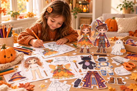 Niña coloreando y jugando con los muñecos de papel de Halloween Tranquilo - PequeMagia