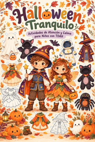 Halloween Tranquilo - Muñecos de vestir y recortar para niños con TDAH, actividades de atención y calma - PequeMagia