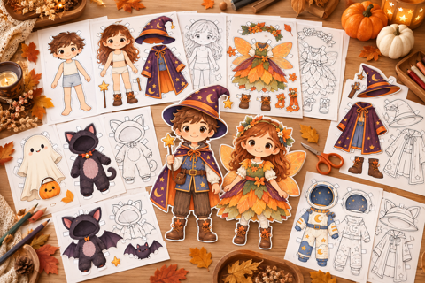 Colección de disfraces de Halloween para recortar: mago, hada, fantasma y gato, en color y para colorear - PequeMagia