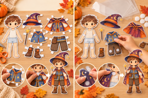 Cómo montar el muñeco de Halloween: con pestañas de papel o laminado y velcro reutilizable - PequeMagia