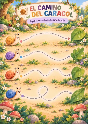 Ficha de grafomotricidad gratis para imprimir: el camino del caracol, trazos curvos para niños de 3 a 5 años