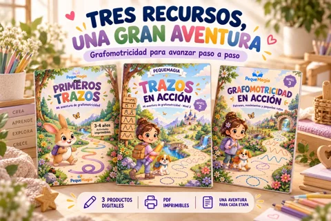Tres recursos de grafomotricidad en un pack: Primeros Trazos, Trazos en Acción y Grafomotricidad en Acción, PDF imprimibles para avanzar paso a paso