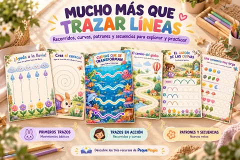 Fichas del Pack Ruta de Grafomotricidad: ¡Ayuda a la lluvia!, Crea el caracol, Curvas que se transforman, El camino del globo, El jardín de las curvas y Una secuencia muy larga, PDF imprimibles