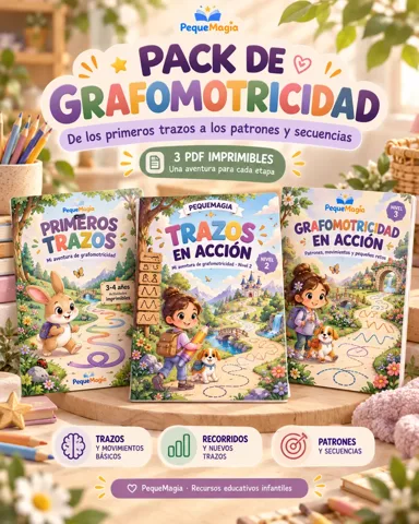 Pack Ruta de Grafomotricidad de PequeMagia: Primeros Trazos, Trazos en Acción y Grafomotricidad en Acción, 3 cuadernos PDF imprimibles de grafomotricidad para niños de 3 a 5 años