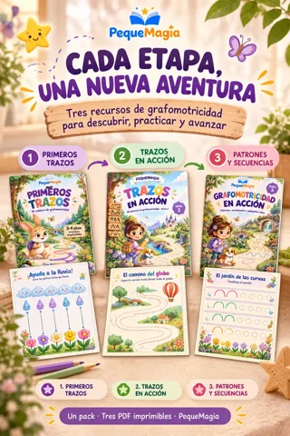 Las tres etapas del Pack Ruta de Grafomotricidad con una ficha de cada cuaderno: Ayuda a la lluvia, El camino del globo y El jardín de las curvas, PDF imprimibles