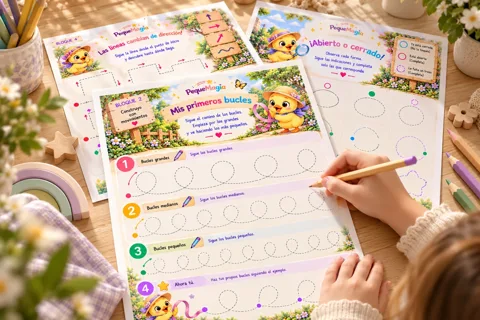 Niña haciendo ejercicios de preescritura con bucles en una ficha imprimible de PequeMagia